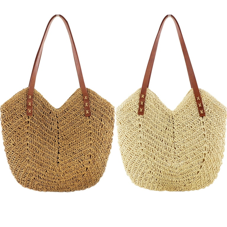 Women Summer Straw Shoulder Bag Handmade Lightweight Purse Beige Walmart