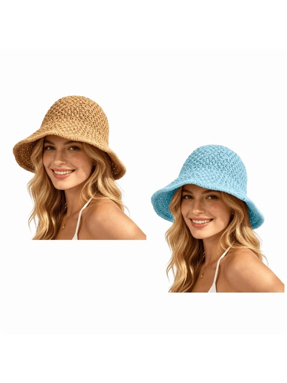 Women Summer Straw Sun Hat, Floppy Crochet Beach Hat, UV Protection Foldable Bucket Hat, Packable Travel Hat