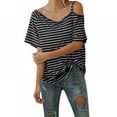 thumbnail image 1 of Women Summer Striped Cold Shoulder Tops Casual Loose T-Shirt Blouse Tunic Top, 1 of 5