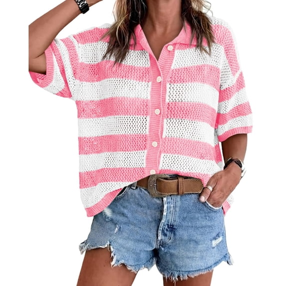 Women Summer Striped Crochet Cardigan Sweater Half Sleeve Button Up Top