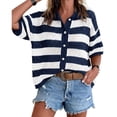 thumbnail image 1 of Women Summer Striped Crochet Cardigan Sweater Half Sleeve Button Up Top, 1 of 5