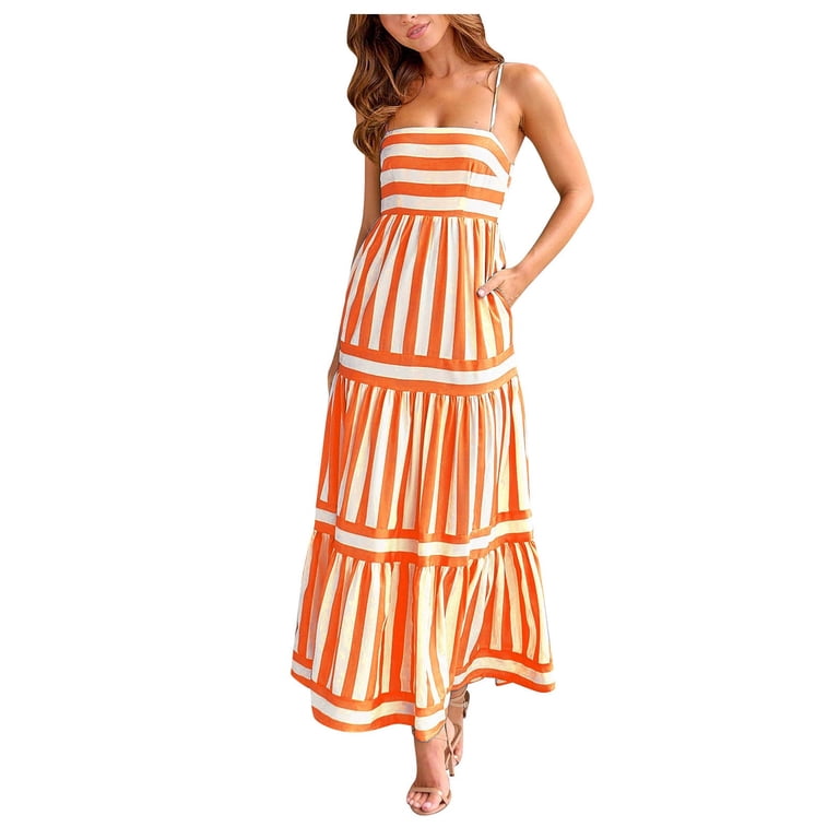 chinese dress ladies Pink Stripe Cotton Ruffle Maxi Dress - All Dresses main image 0