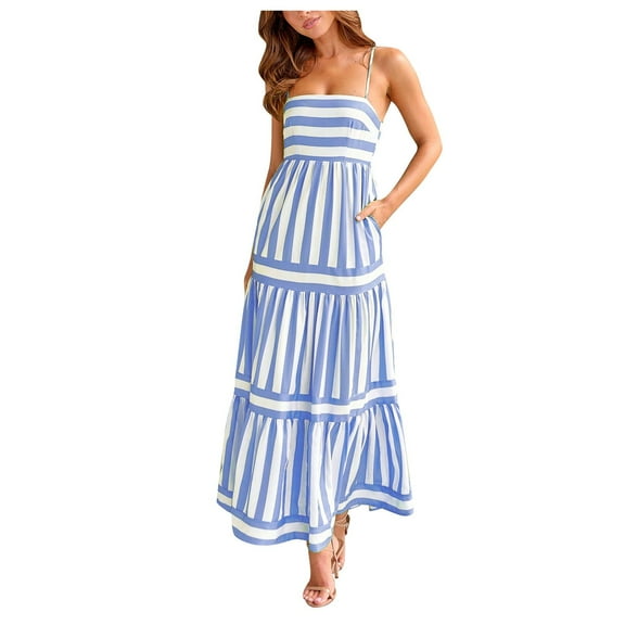 Women Summer Striped Maxi Dress Spaghetti Strap Cutout Ruffle Long Dress Flowy Swing Beach Vocation Dress