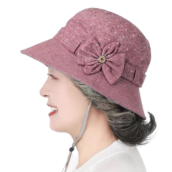Women Summer Sun Hat for Elderly Mom Breathable Cotton Fabric Bow‑Decorated Bucket Hat Lightweight Outdoor UV‑Protection Fisherman Cap for Senior Ladies