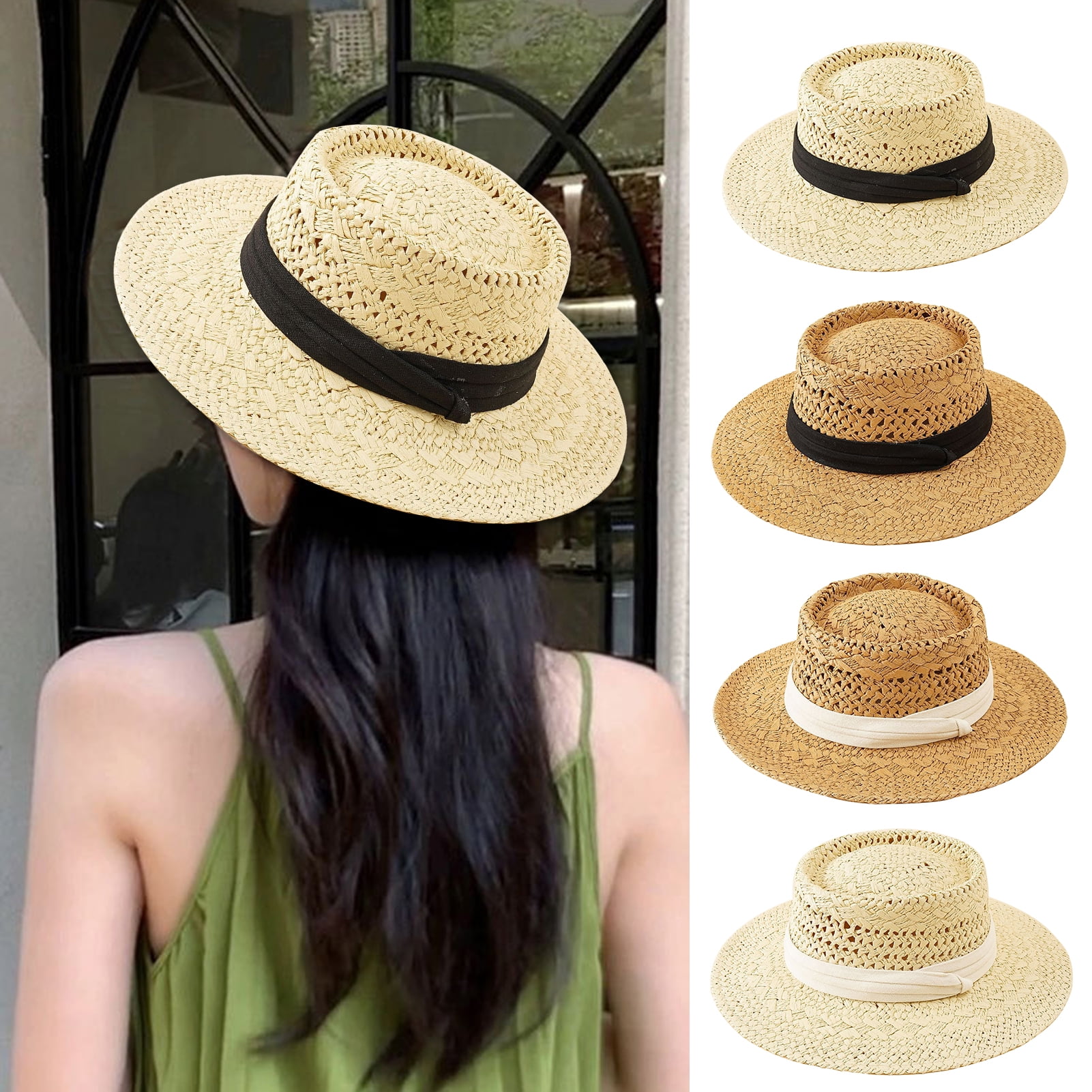 Women Summer Sun Hat Straw Braided Retro English Style Flat Top Hollow Out Solid Color Wide Brim Anti UV Sun Protection Vacation Beach Cap Walmart