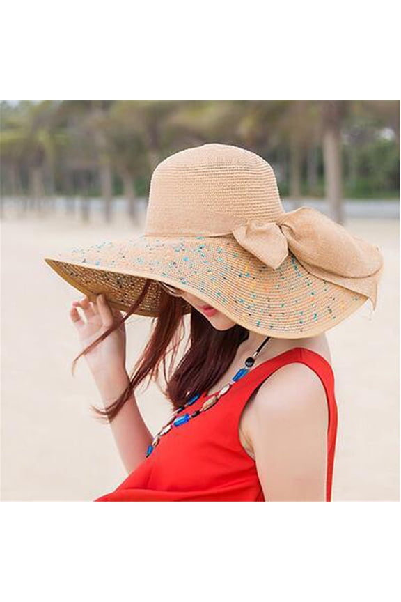Women Summer Sun Hat Wide Brim Wired Edge Floral Beach Bucket Hats Oversized Beach Straw Hat for Women Foldable Roll up Summer Travel Cap Bowknot Boho Style Beige One Size