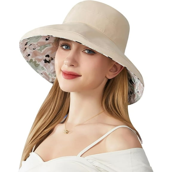 Women Summer Sun Hat Wide Brim Wired Edge Floral Beach Bucket Hats Reversible Foldable Travel UV Protection Lady Hat