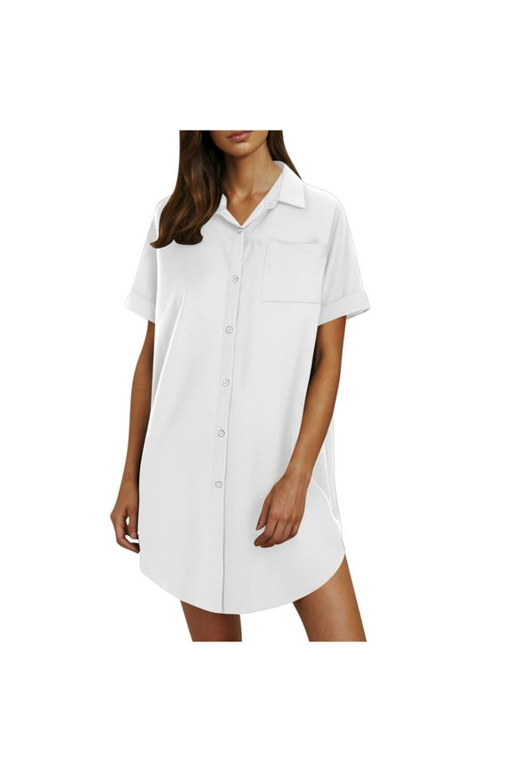 Women Summer Sundresses Women's Summer Button Up Shirt Skirt With A Collar Made Of Cotton And Linen Mini Dress Shirt Dress White S