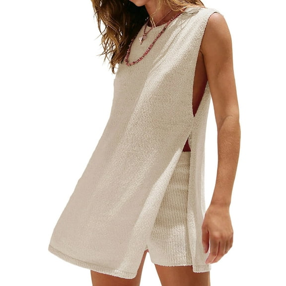 Women Summer Sweater Set Casual Sleeveless Crewneck Side Split Knit Tunic Tops & Slim Shorts Y2K Beach Vacation Set Color L