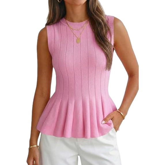 Women Summer Sweater Vest Slim Fit Ribbed Knit Round Neck Shirt
