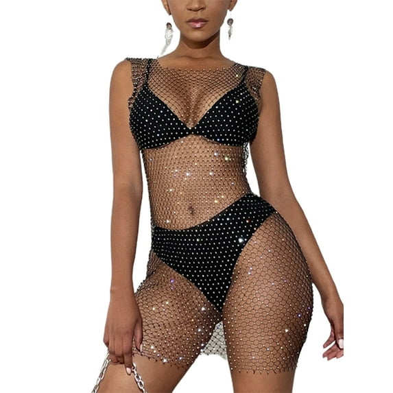 Women Summer Swimsuit Cover Ups Diamonds Glitter Fishnet Hollow Out Sleeveless Beach Dress