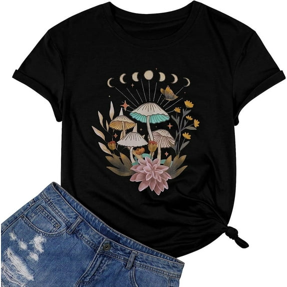Women Summer T Shirt 2023 Mushroom Plant Graphic Tees Crew Neck Short Sleeve Casual Tunic Tops
