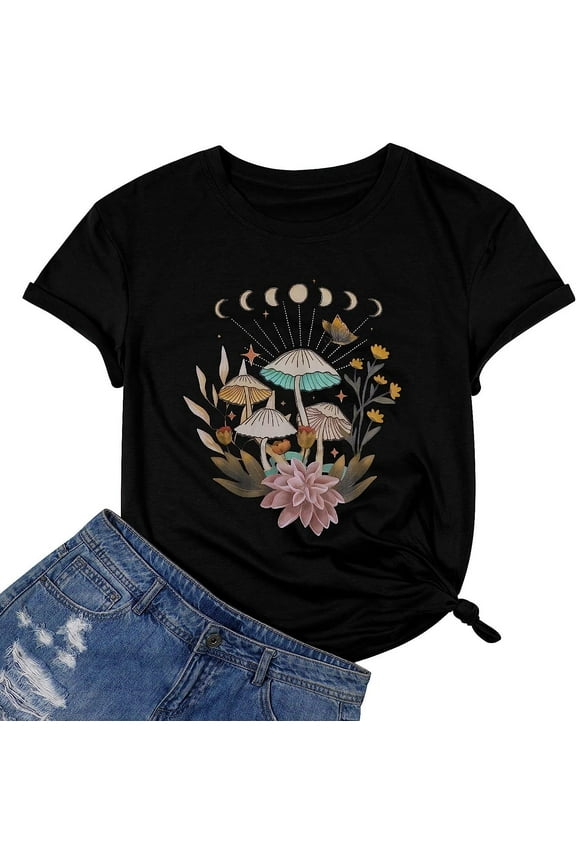 Women Summer T Shirt 2023 Mushroom Plant Graphic Tees Crew Neck Short Sleeve Casual Tunic Tops