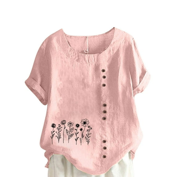 Women Summer T-Shirt Cotton Linen Tops Button Down Shirt Funny Flower T-Shirt Summer Crew Neck Front Pleated Blouse Dressy Casual Top With Rolled Cuff