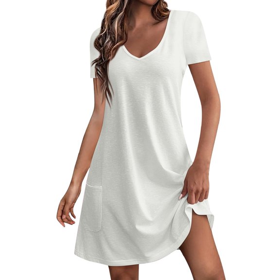 Women Summer T Shirt Dress Casual Short Sleeve V Neck Maxi Dresses Loose Side Slit Long Tshirt Dress with Pockets White L