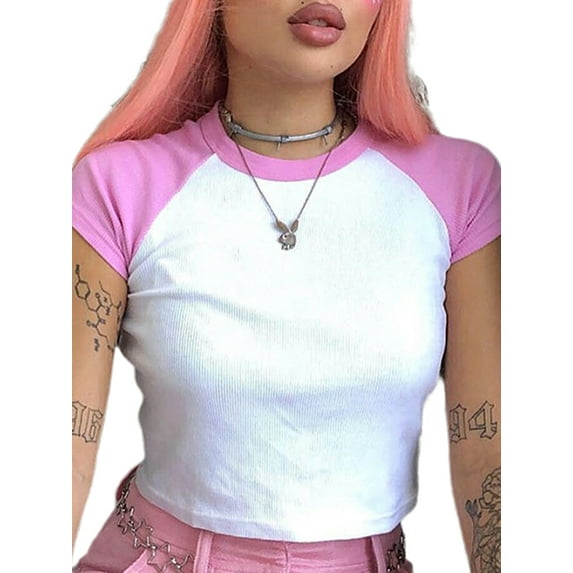 Women Summer T-Shirt Short Sleeve Round Neck Colorblock Crop Top Casual Fashion Clothes
