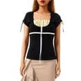thumbnail image 1 of Women Summer T-Shirt Short Sleeve Strappy Square Neck Lace Patchwork Slim Tops Casual Wild Fashion Shirt, 1 of 9