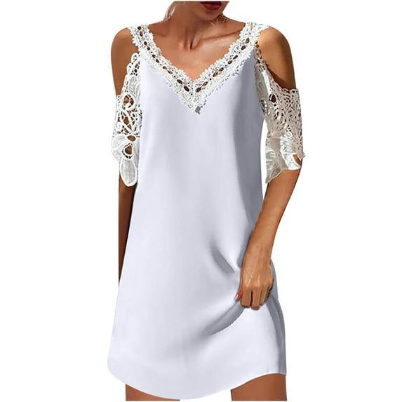 Women Summer T Shirts Dress Cold Shoulder Lace Patchwork Short Sleeve Casual Fashion Mini Dresses with Prints (Medium, White)