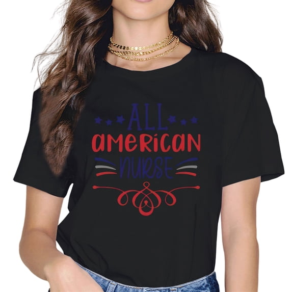 Women Summer T-Shirts Top Tees All American Nurse Print Short Sleeve Casual Lady T-Shirt For Women