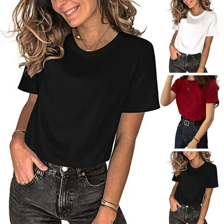 Women Summer T-shirt Solid Color Short Sleeves Round Neck Slim Fit Pullover  Match Pants Soft Casual Anti-pilling Women Top Women Clothes,Black M 