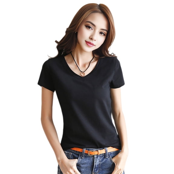 Women Summer T-shirt V-neck Short Sleeve Slim Fit T-shirt Solid Color Pullover Tops Stretchy Bottoming Shirt Streetwear-Black1,L