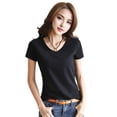 thumbnail image 1 of Women Summer T-shirt V-neck Short Sleeve Slim Fit T-shirt Solid Color Pullover Tops Stretchy Bottoming Shirt Streetwear-Black1,M, 1 of 8