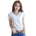 thumbnail image 1 of Women Summer T-shirt V-neck Short Sleeve Slim Fit T-shirt Solid Color Pullover Tops Stretchy Bottoming Shirt Streetwear-White 1,S, 1 of 8