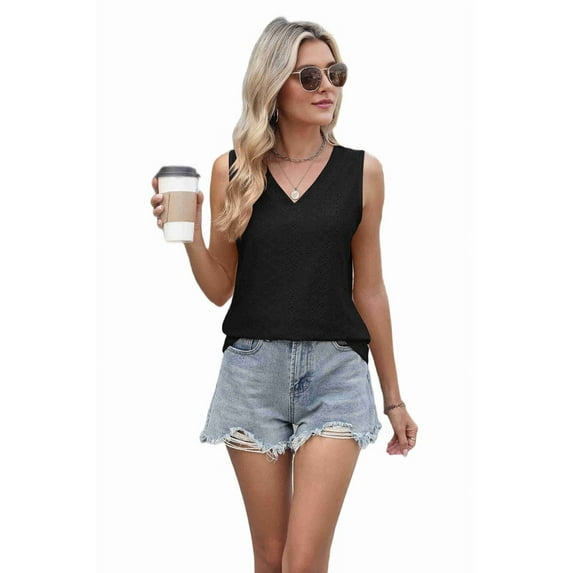 Women Summer Tank Top Eyelet Embroidery 2025 Vacation Sleeveless V Neck Loose Fit Shirt Spring Fashion Casual Clothes Black XL