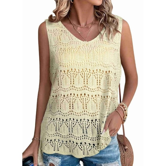 Women Summer Tank Top Trendy V Neck Crochet Sleeveless Shirts Sweater Vest Beige L