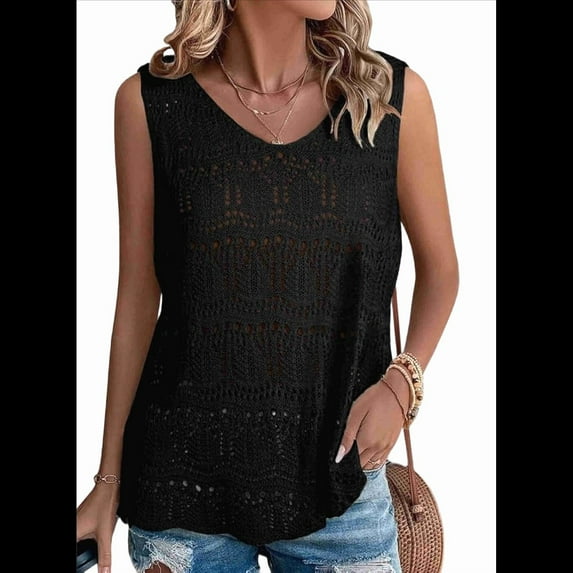 Women Summer Tank Top Trendy V Neck Crochet Sleeveless Shirts Sweater Vest Black S