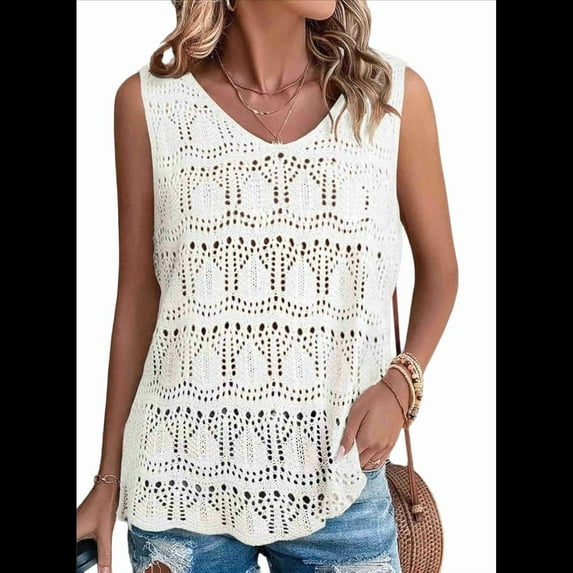 Women Summer Tank Top Trendy V Neck Crochet Sleeveless Shirts Sweater Vest White L