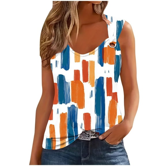 Women Summer Tank Tops Floral Print T-Shirt Sleeveless Scoop Neck Blouses O Ring Shoulder Tanks Loose Fitting Camisole Funny Graphic Tee Vests Clothes