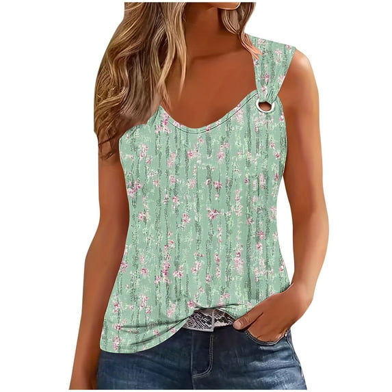 Women Summer Tank Tops Floral Print T-Shirt Sleeveless Scoop Neck Blouses O Ring Shoulder Tanks Loose Fitting Camisole Funny Graphic Tee Vests Clothes