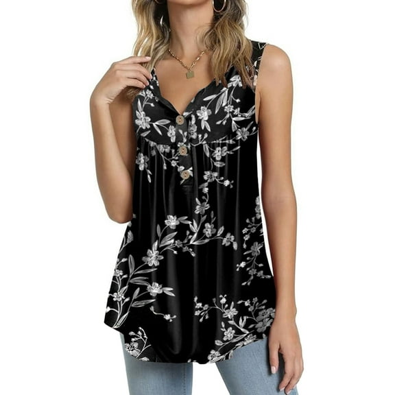 Women Summer Tank Tops Sleeveless Loose Fit Henley Button Down to Wear with Leggings Casual Pleated Blouse Black XL