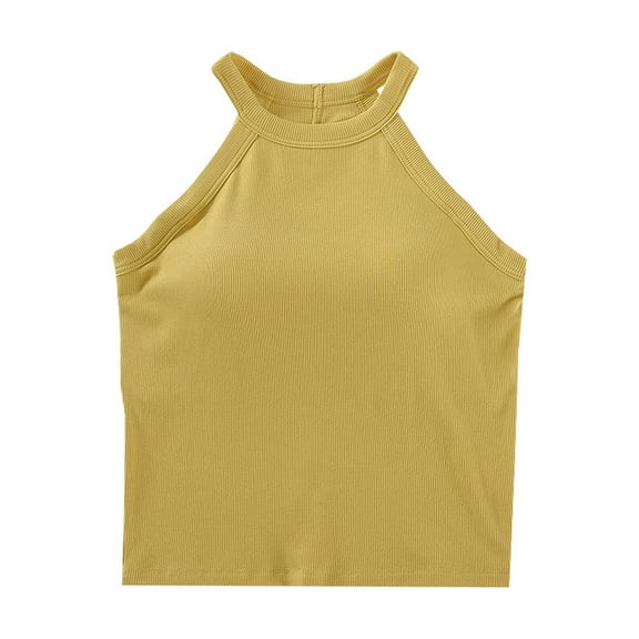 Women Summer Tank Tops with Built in Bras Sleeveless Racerback Casual Ribbed Shirts High Neck Slim Fitted Crop Shirts