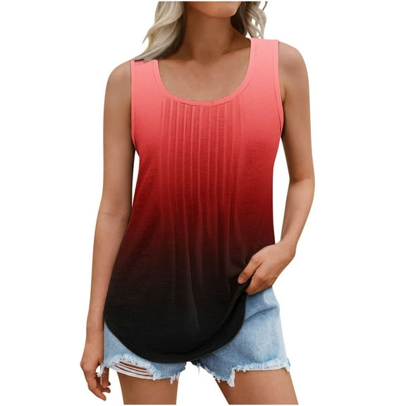 Women Summer Tanks Gradient Pleated Tops Loose Tunic Blouses Curved Hem Vest Shirts Lady Outfits