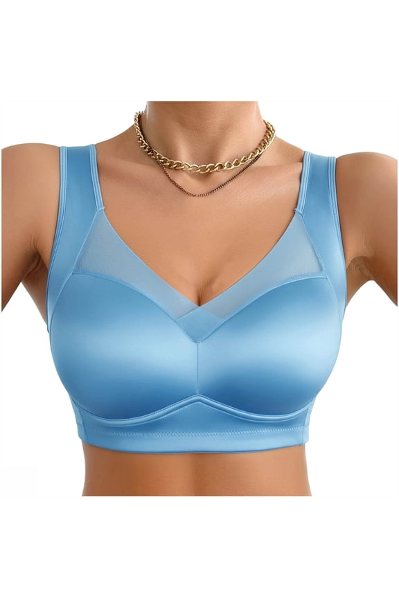 Women Summer Thin Satin Wireless Bra, Deep V Mesh Splice Seamless Mild Push Up Beauty Back Comfort Daily Bralette Blue S(S)