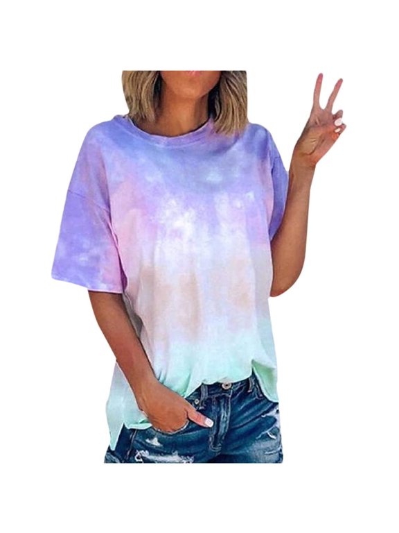 Women Summer Tie-Dye Short Sleeve Crew-Neck T-Shirt Casual Tee TopsS-5XL Blue L