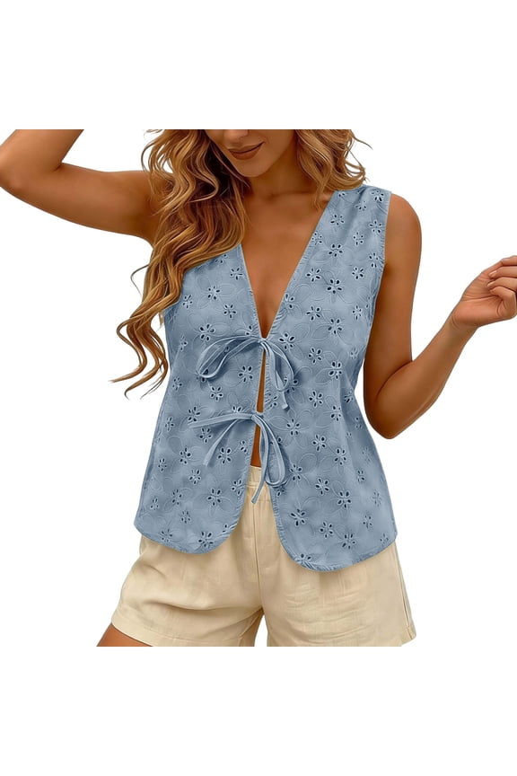 Women Summer Tie Front Eyelet Tank Tops Trendy Floral Vest Sleeveless V Neck Dressy Blouse Vacation Clothes Blue S(S)