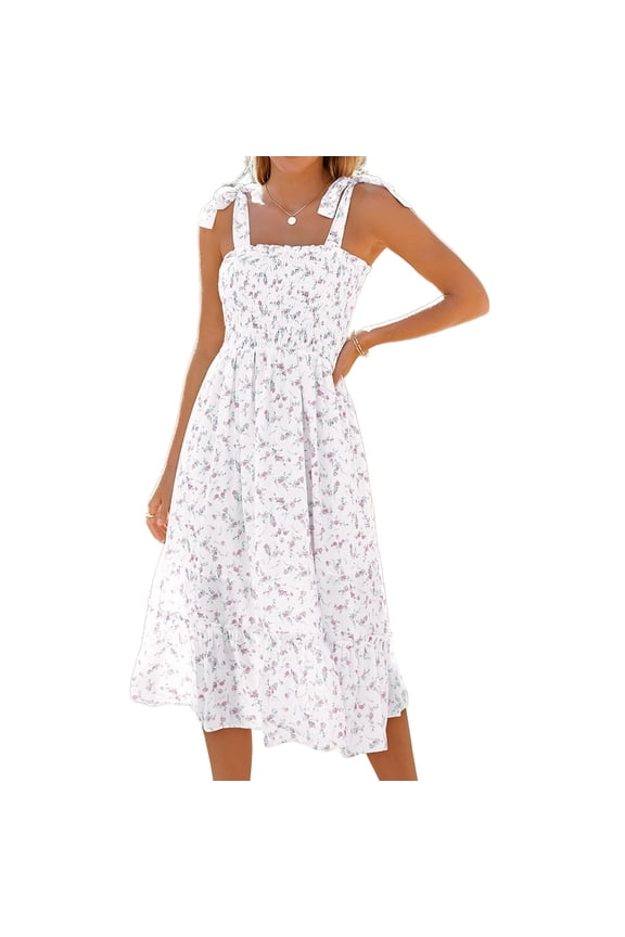 Women Summer Tie Strap Boho Floral Square Neck Ruffle Maxi Dress