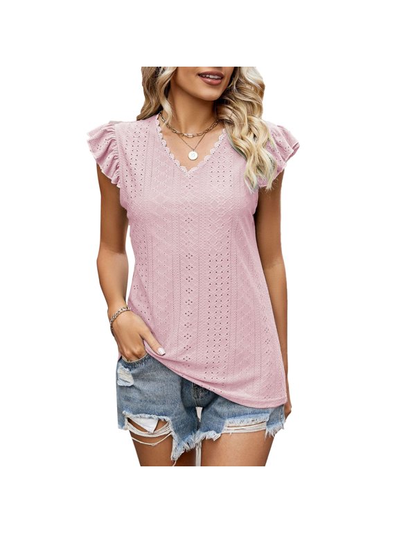 Women Summer Top Casual Short Flutter Sleeve Eyelet V Neck Cut Out Lace Blouse for Women Ladies Pink M