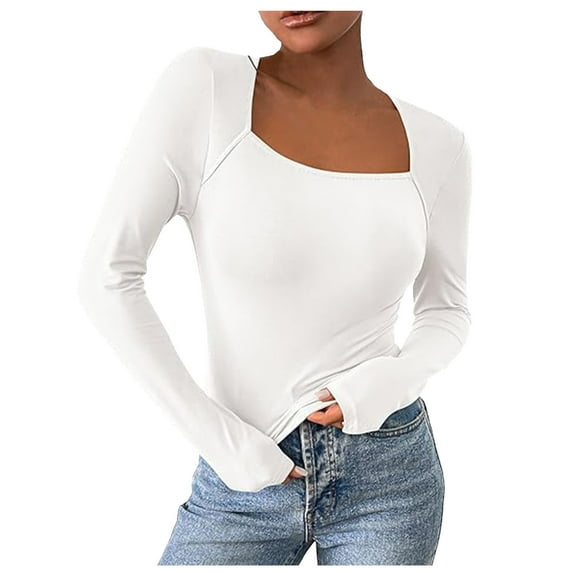 Women Summer Tops Autumn And Winter Sexy Long Sleeved Crop Top Square Collar Basic Slim Fit T Shirt Woman Dark Blouse V plus Size Shirts round Neck Tee Womens V Neck Long Sleeve Tops Shirt White M