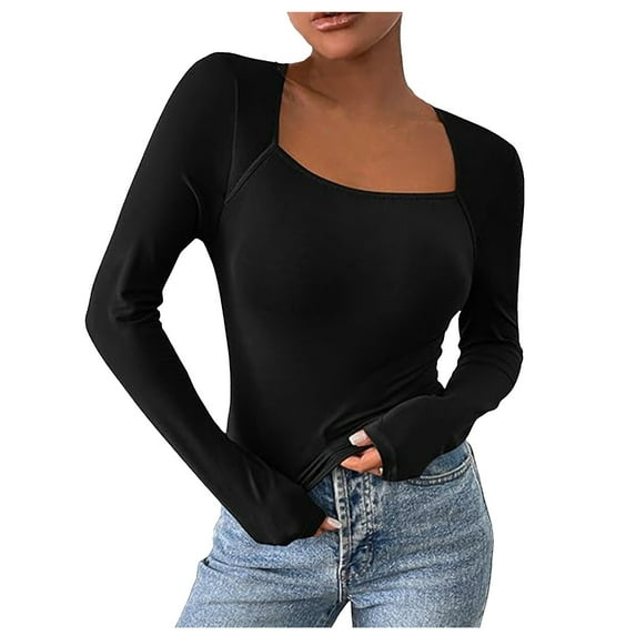 Women Summer Tops Autumn And Winter Sexy Long Sleeved Crop Top Square Collar Basic Slim Fit T Shirt Woman Dark Blouse V plus Size Shirts round Neck Tee Womens V Neck Long Sleeve Tops Shirt Black S