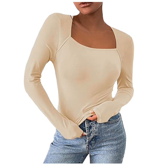 Women Summer Tops Autumn And Winter Sexy Long Sleeved Crop Top Square Collar Basic Slim Fit T Shirt Woman Dark Blouse V plus Size Shirts round Neck Tee Womens V Neck Long Sleeve Tops Shirt Beige L