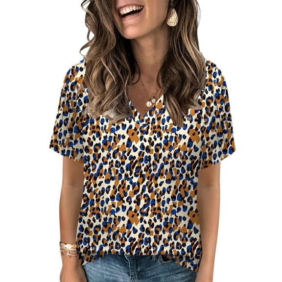 Women Summer Tops Casual Pleated Sleeve Shirts Loose Fit V-Neck Fashion Energetic Animal Print Tees S YH001