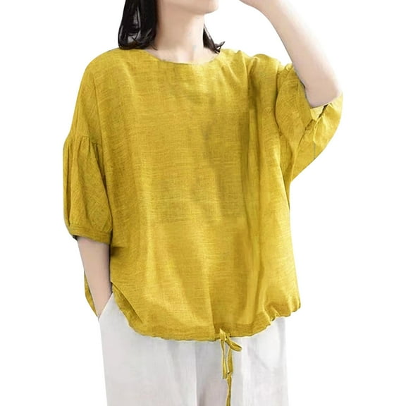 Women Summer Tops Casual Women Loose Sleeve Neck Blouse Round Shirt Short Summer Top Solid Women's Blouse Ladies Size Large Tops Womens plus And Blouses Laced Sleeves Long Shirt T Tunics Yellow XL