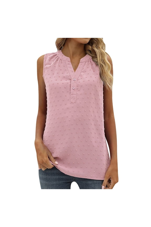 Women Summer Tops Chiffon Tops For Women Sleeveless Dot Button Down V Neck Loose Blouse Solid Color Shirts Girls Fuzzy Deep V Neck for Caution Top Cute Cropped Crop Small Top Pink XL
