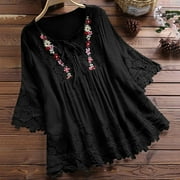 Women Summer Tops Lace Patchwork Bow V-Neck Three Quarter Blouses Top T-Shirt