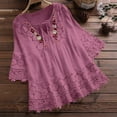 thumbnail image 1 of Women Summer Tops Lace Patchwork Bow V-Neck Three Quarter Blouses Top T-Shirt, 1 of 5
