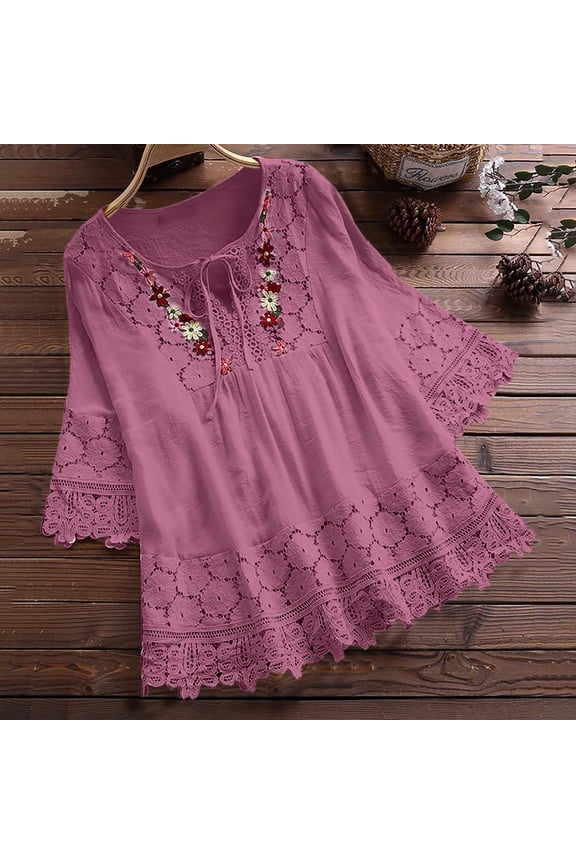 Summer Women Tops Patlollav Blouse Fashion Vintage Lace Patchwork Bow Short Sleeve T-shirts